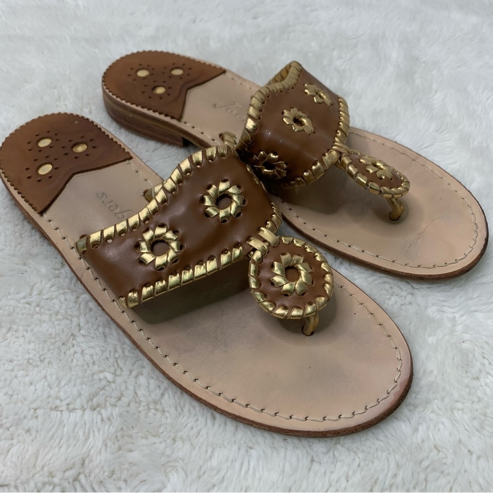 Jack Rogers Womens Brown Gold Leather Thong Sandals Size 7